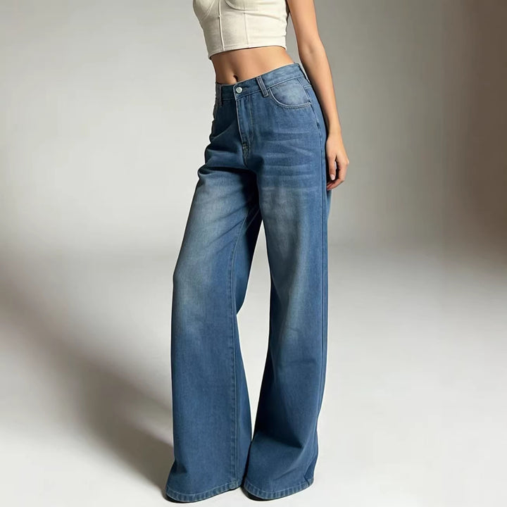 Damen weite Denim-Hose mit Vintage-Waschung und hoch geschnittenem Bund Lisslune