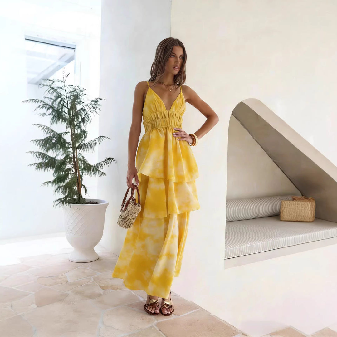 Women’s maxi dress with voluminous ruffle layers and V-neck