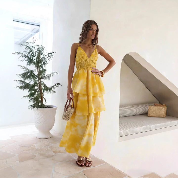 Women’s maxi dress with voluminous ruffle layers and V-neck