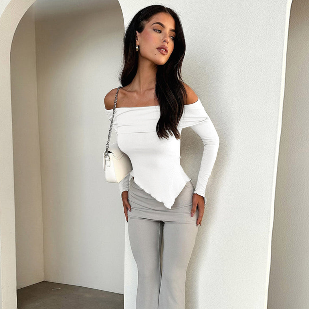 Damen Off-Shoulder Shirt mit eleganten Trompetenärmeln Lisslune