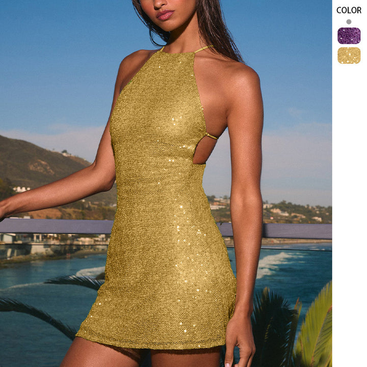 Ladies Glittering Cocktail Dress with High-Neck Design and Cut-Outs