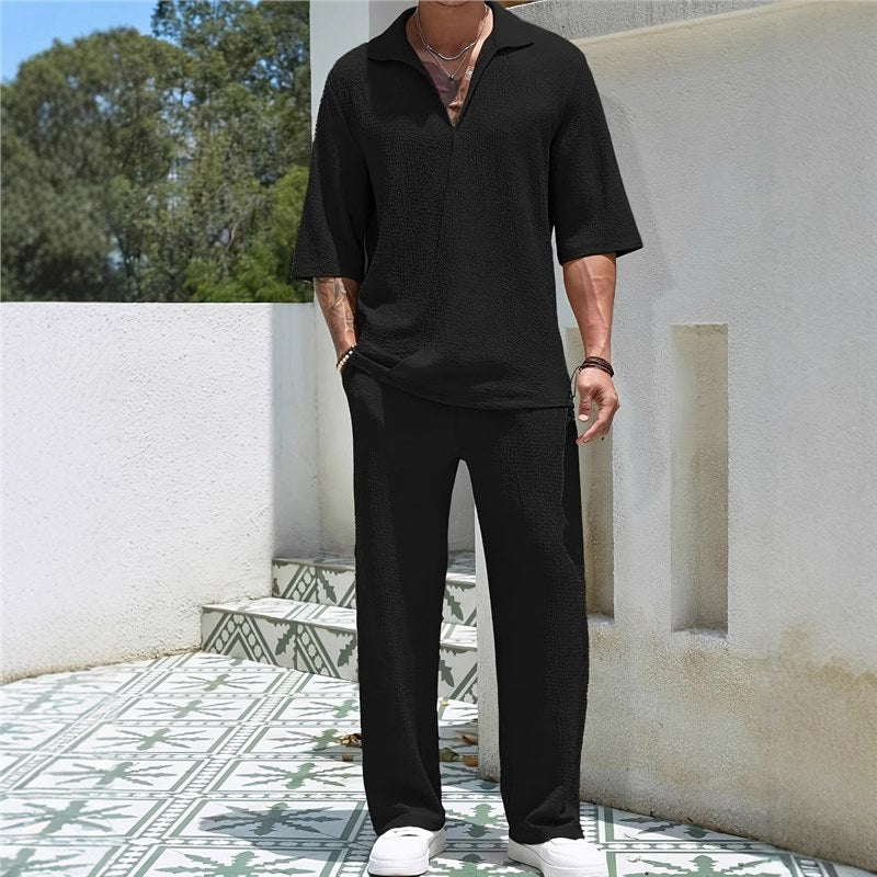 Men's casual leisure set with textured top and wide-cut trousers Lisslune