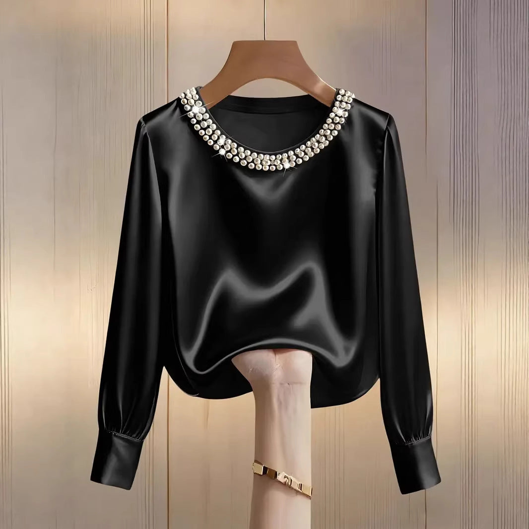 Damen elegante satinierte Bluse mit Perlenkragen Lisslune