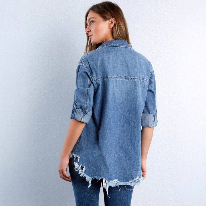 Women's denim blouse with heart appliqué and fringed hem Lisslune