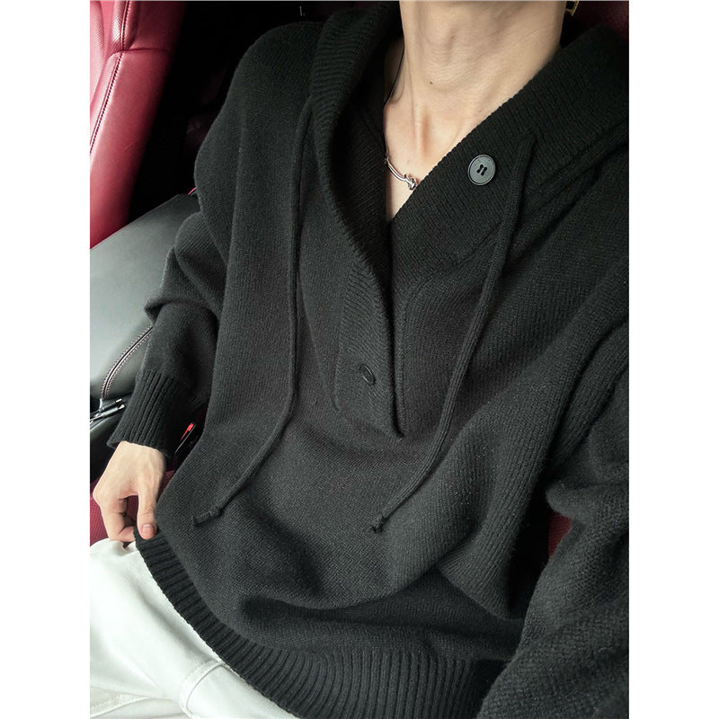 Men's casual hooded sweater with button placket and thicker knit structure Lisslune