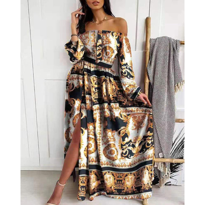 Women's maxi dress with open shoulder design and elaborate baroque pattern Lisslune