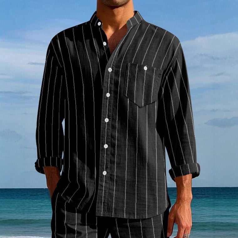 Men's long sleeve shirt with modern stand-up collar and fine stripe pattern Lisslune