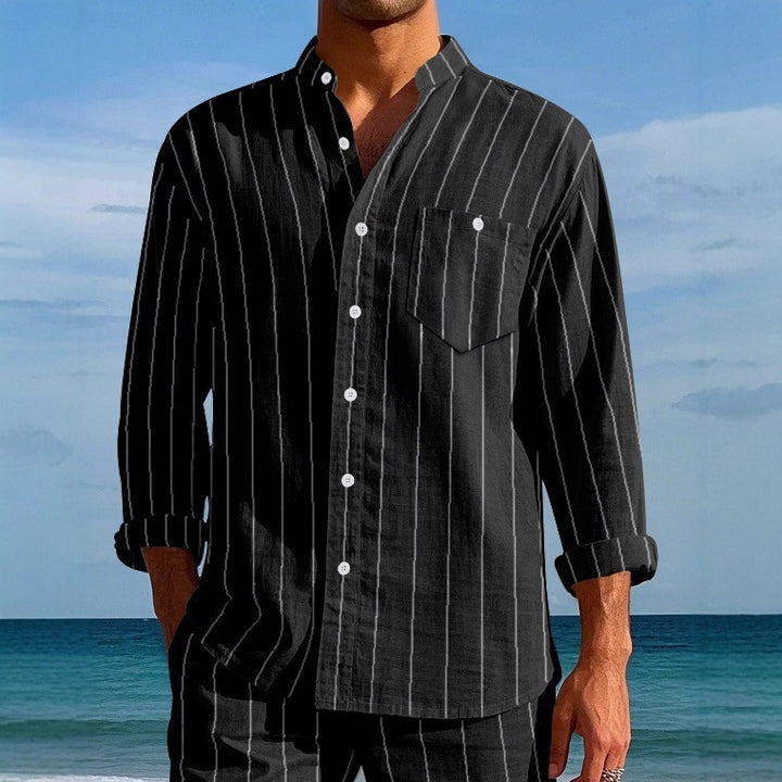 Men's long sleeve shirt with modern stand-up collar and fine stripe pattern Lisslune