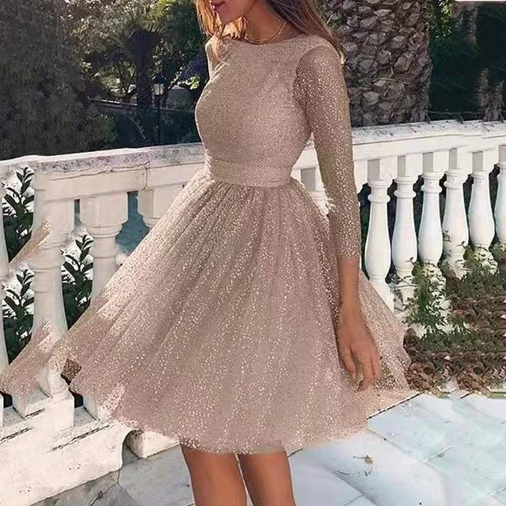 Women Glittering Tulle Dress with Long Sleeves and Swinging Skirt Lisslune