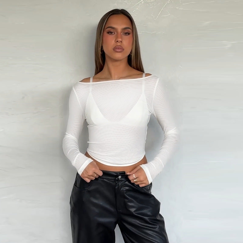 Women's long sleeve top with transparent mesh design and off-shoulder look