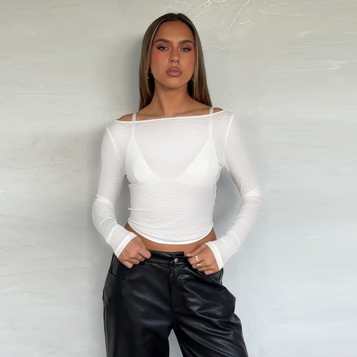 Women's long sleeve top with transparent mesh design and off-shoulder look