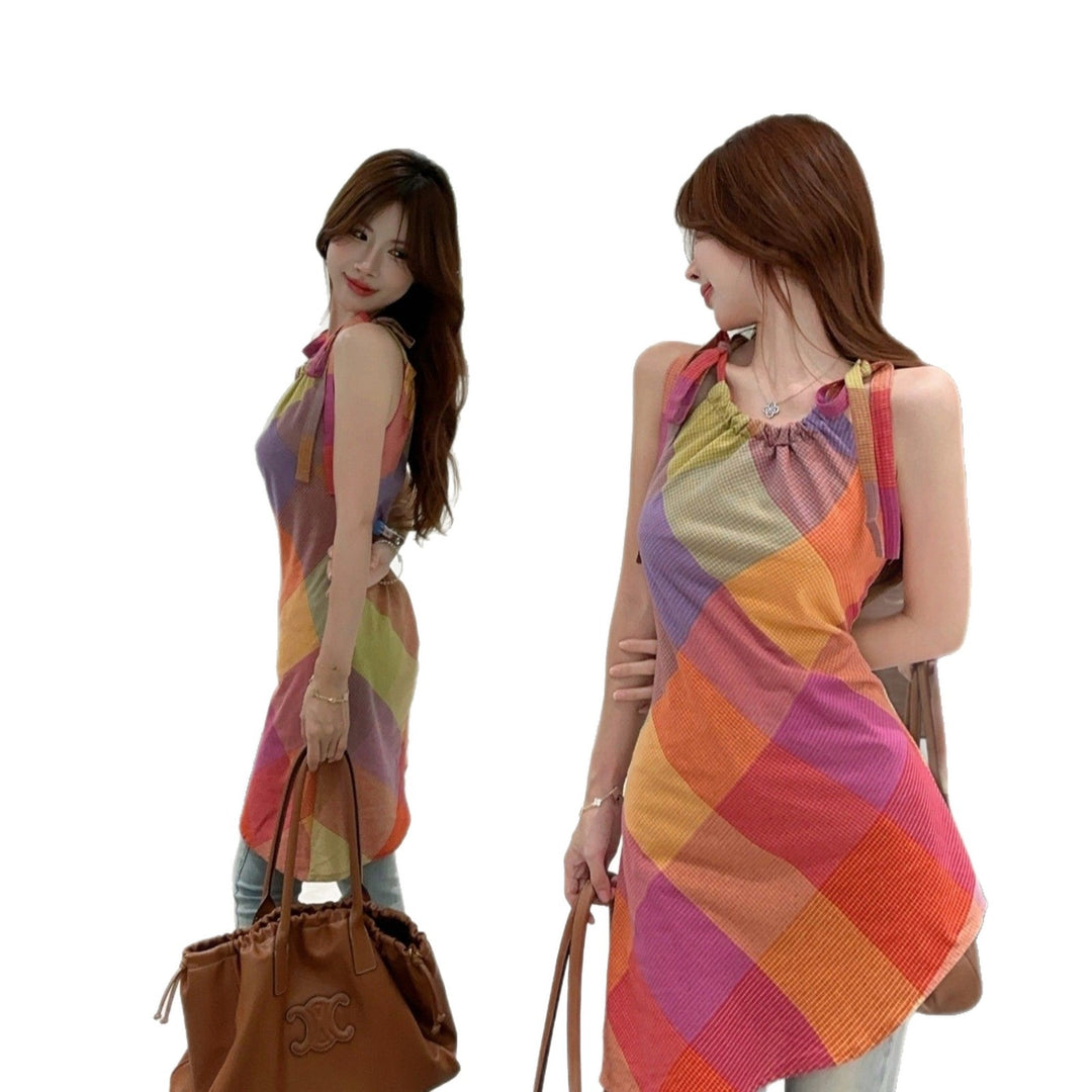 Women's short-sleeve dress with fashionable check pattern and elastic neckline Lisslune