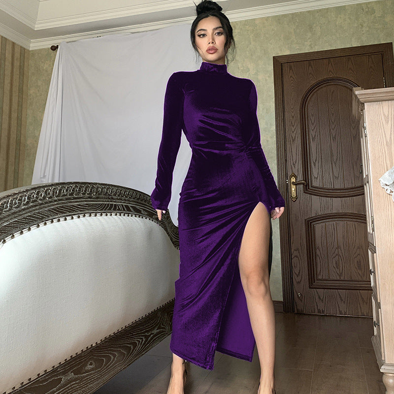 Damen Elegantes Samt-Maxi-Kleid mit hohem Schlitz und Stehkragen Lisslune