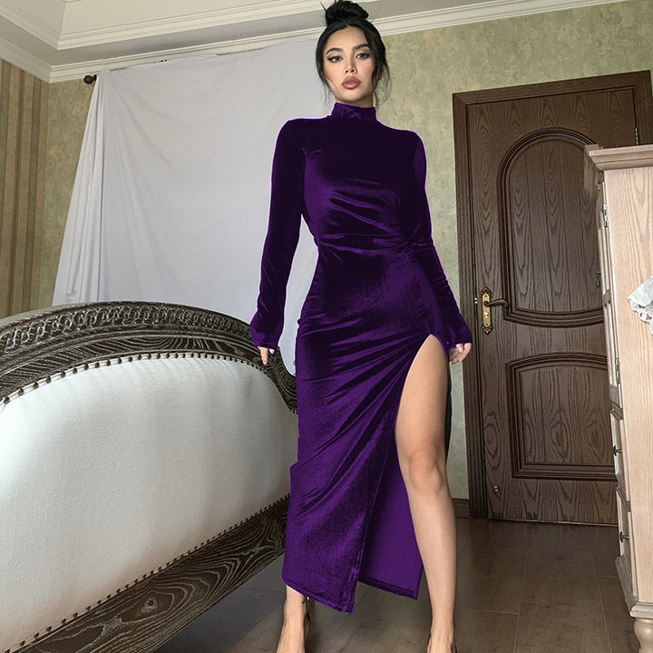 Damen Elegantes Samt-Maxi-Kleid mit hohem Schlitz und Stehkragen Lisslune