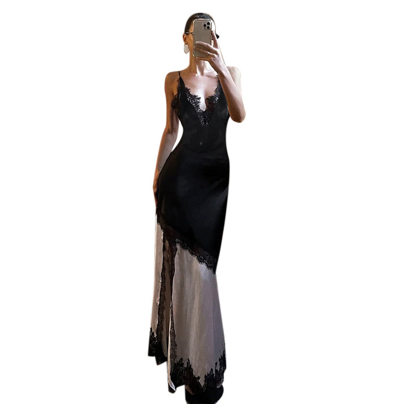 Women's elegant maxi dress with lace appliqués and deep V-neck