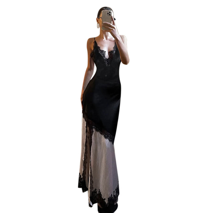 Women's elegant maxi dress with lace appliqués and deep V-neck