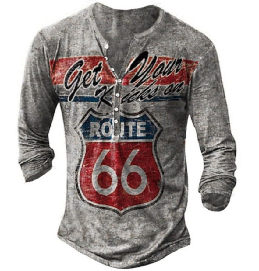 Men's Long Sleeve Henley Shirt with Creative Vintage Route 66 Print and High-Quality CottonBlend Lisslune