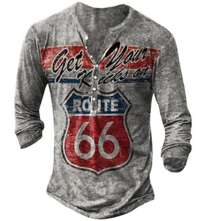 Men's Long Sleeve Henley Shirt with Creative Vintage Route 66 Print and High-Quality CottonBlend Lisslune