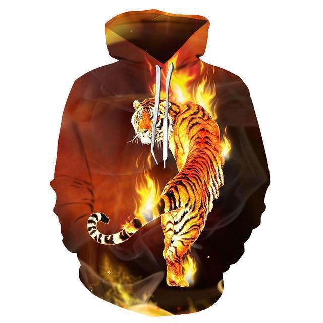 Men's hooded shirt with vibrant tiger design and fiery accents Lisslune
