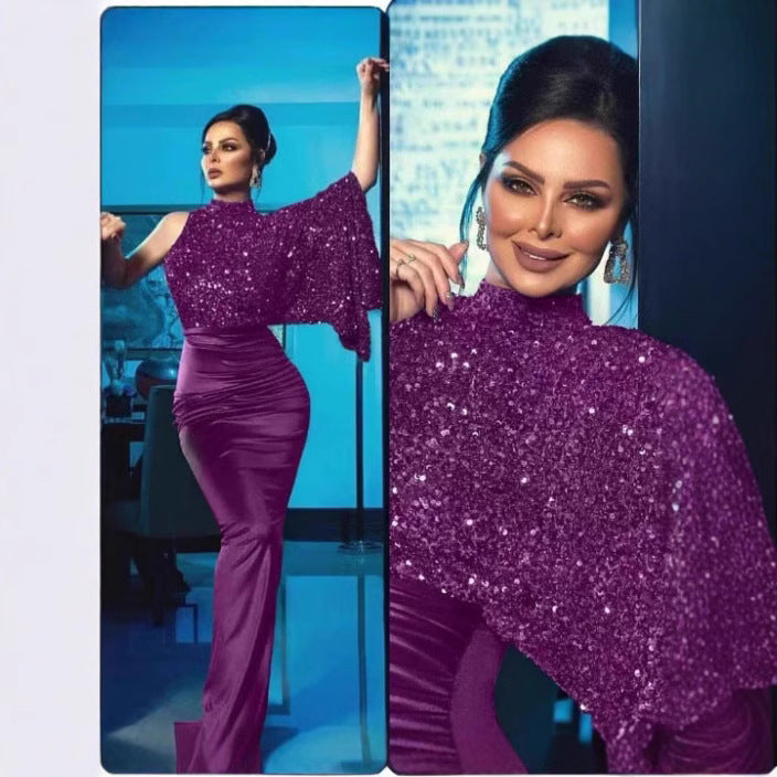 Ladies Glittering Evening Dress with Asymmetric Cut Lisslune