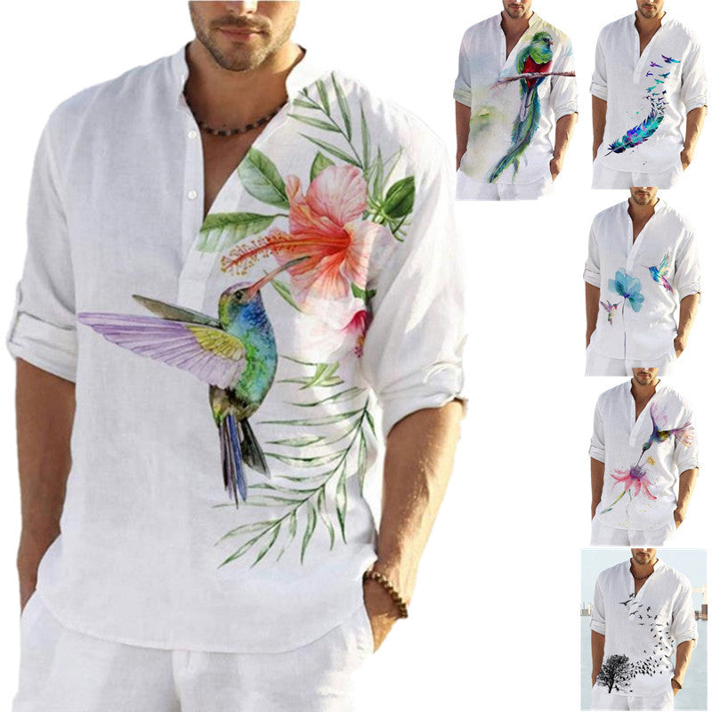 Men's linen shirt with unique feather design and button-down collar Lisslune