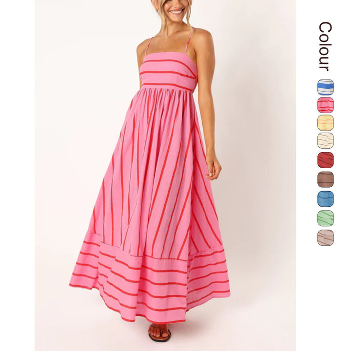 Women’s maxi dress with narrow spaghetti straps and elegant horizontal stripes Lune London