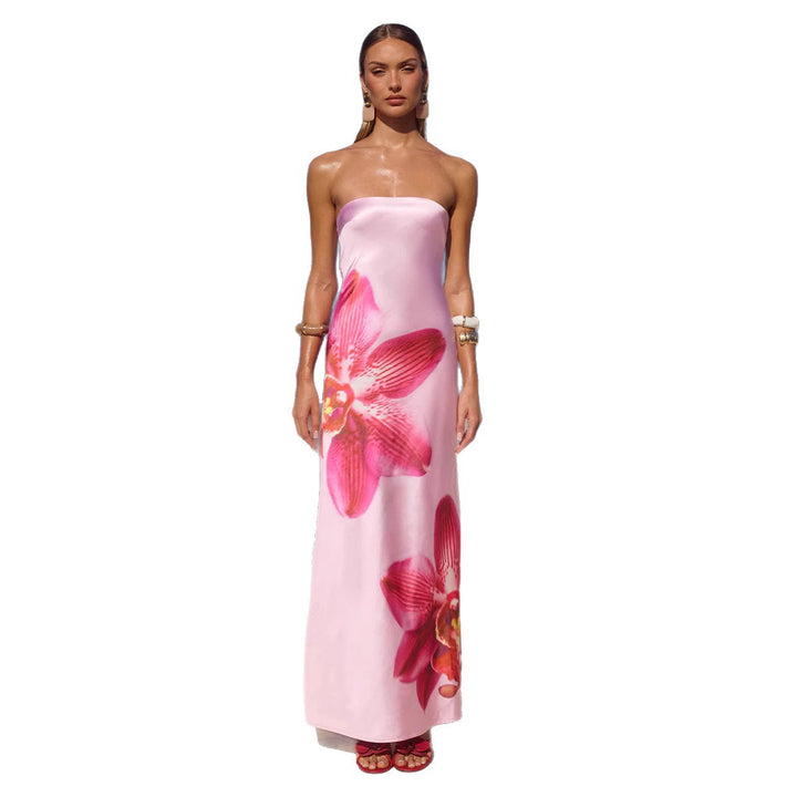 Women's Strapless Maxi Dress with Floral Print and Flowing Fabric