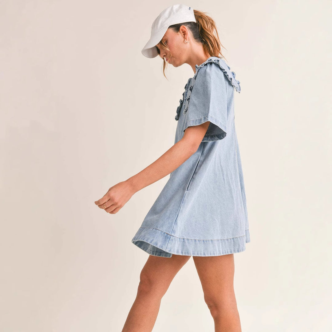 Women's denim dress with elegant ruffled collar finish Lisslune
