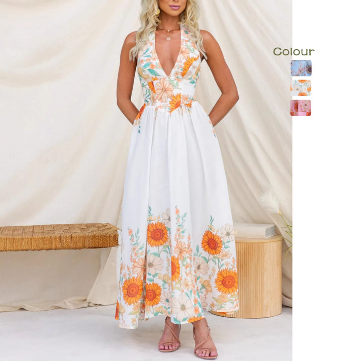 Women's maxi dress with deep V-neck and floral print Lune London
