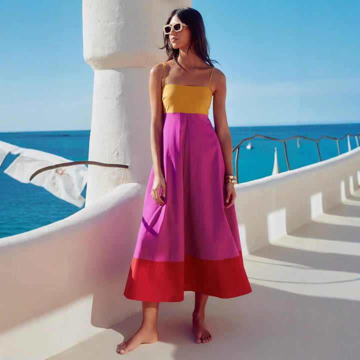 Women's Maxi Dress with Colorful Block Design and Adjustable Spaghetti Straps