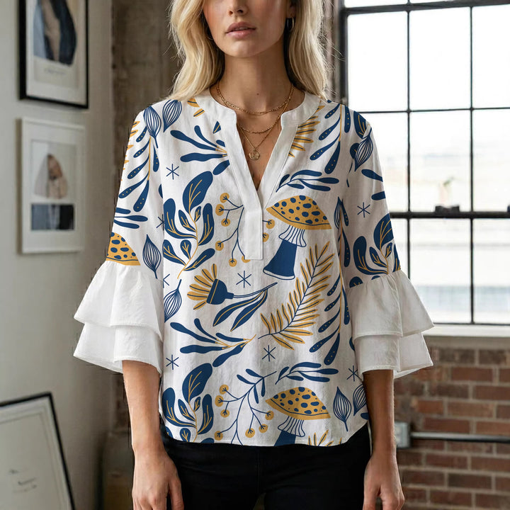 Women Elegant Top with Voluminous Puff Sleeves and Floral Print Lisslune