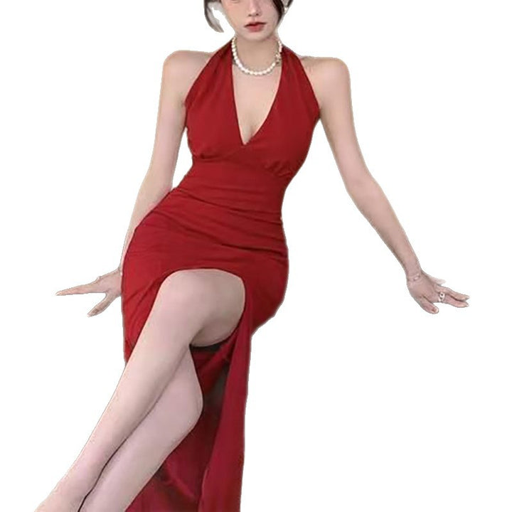 Women elegant maxi dress with deep V-neck and side slit