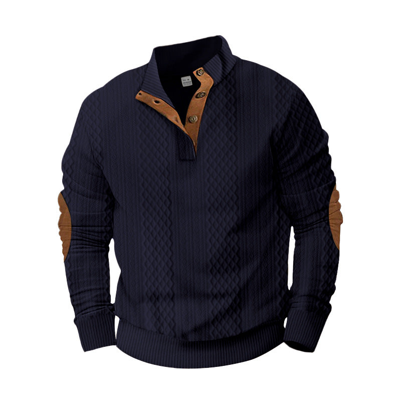 Men's knit sweater with innovative stand-up collar and modern leather appliqués Lisslune
