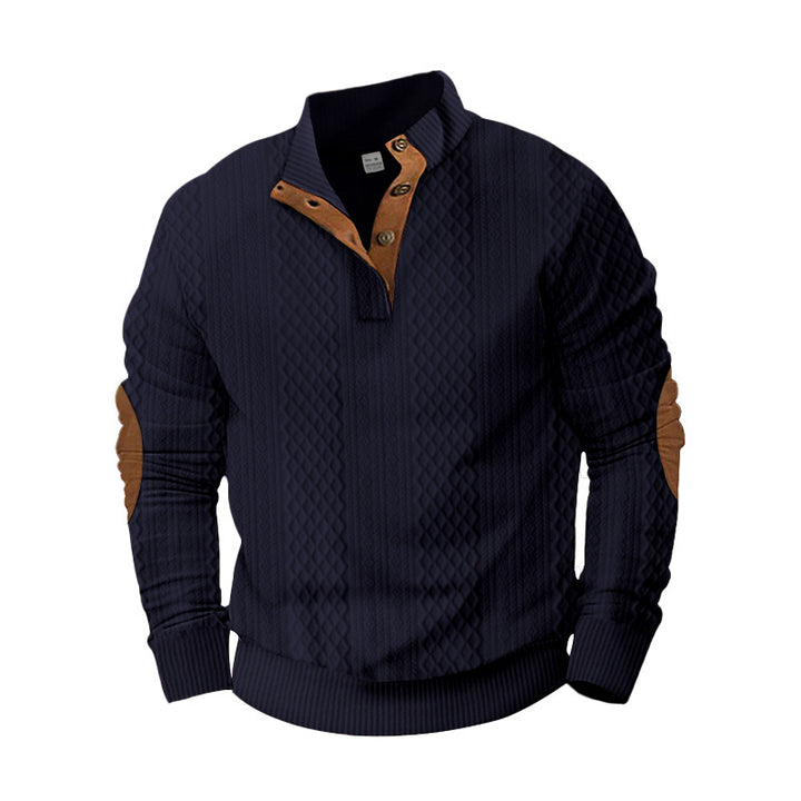 Men's knit sweater with innovative stand-up collar and modern leather appliqués Lisslune