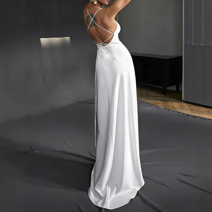 Ladies Elegant Evening Dress with Deep V-Neckline and Strapless Shoulders
