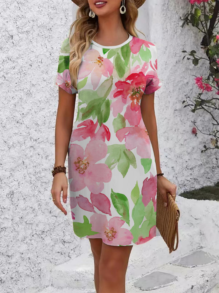 Women’s Short Sleeve Dress with Floral Pattern and Loose Fit Lisslune