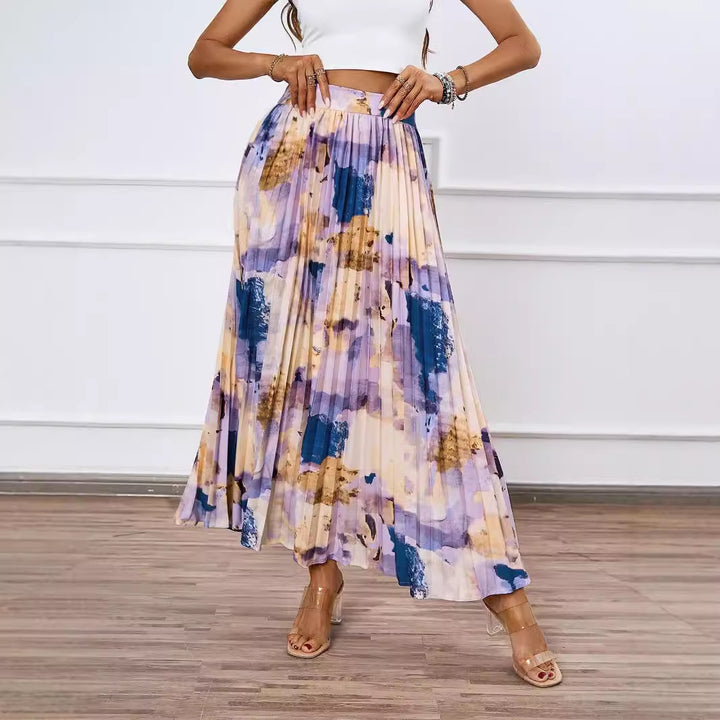 Women's pleated skirt with colorful watercolor pattern and elegant waist Lisslune