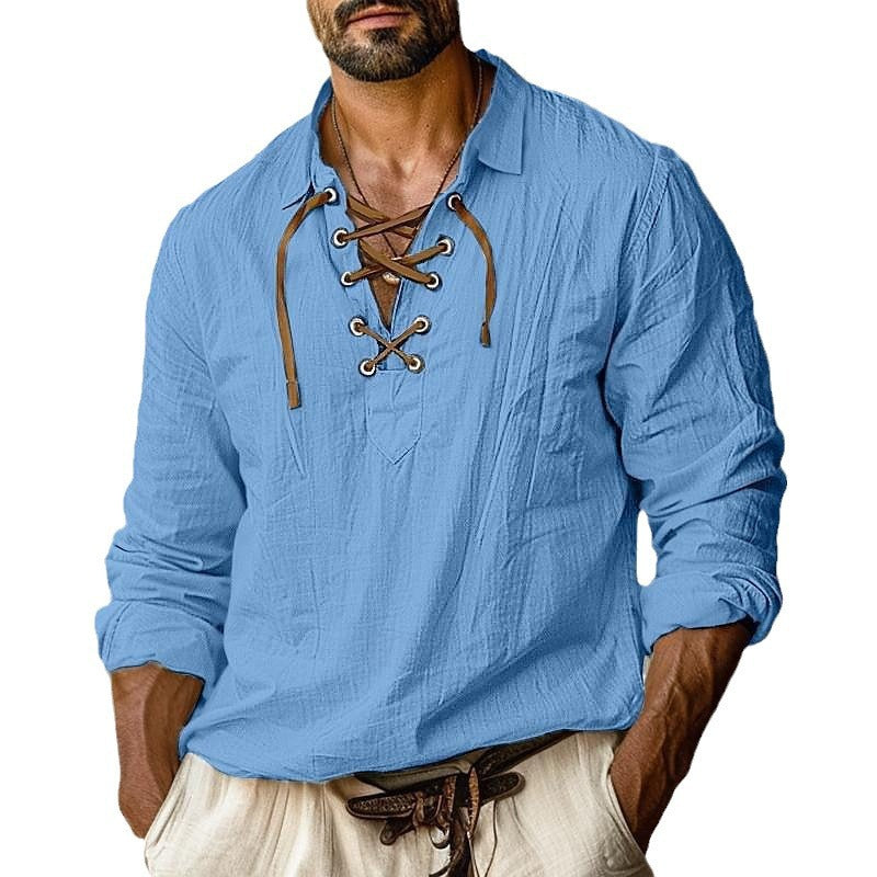 Men's casual long-sleeve shirt with elegant lacing Lisslune