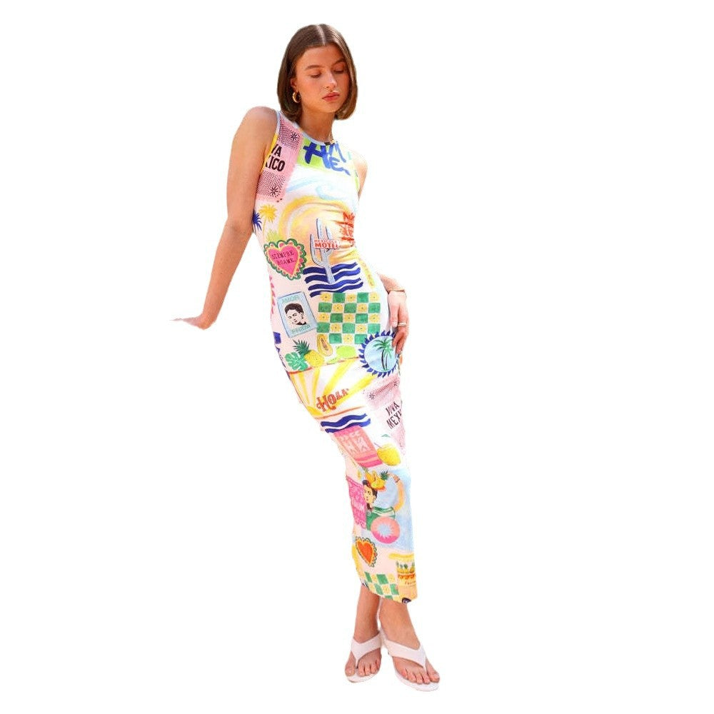 Ladies midi dress with colorful graphic print and figure-hugging cut Lisslune