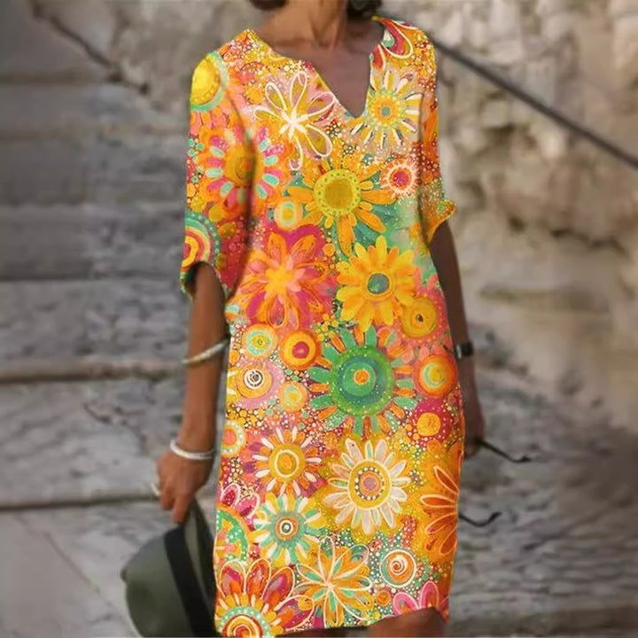 Women's casual leisure dress with floral patterns and V-neck