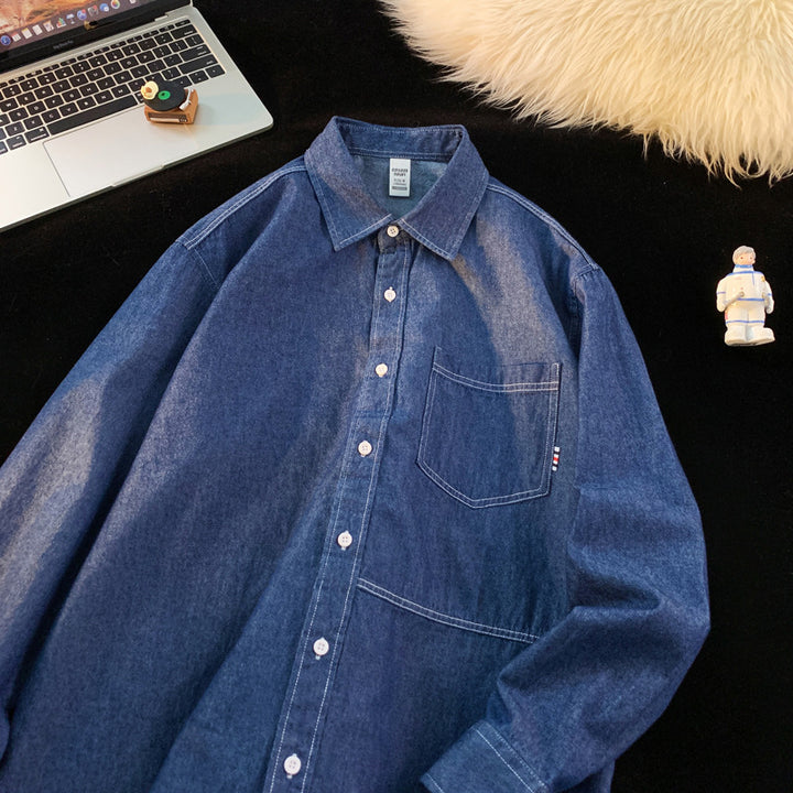 Men's Denim Long Sleeve Shirt with Classic Button-Down Collar Lisslune
