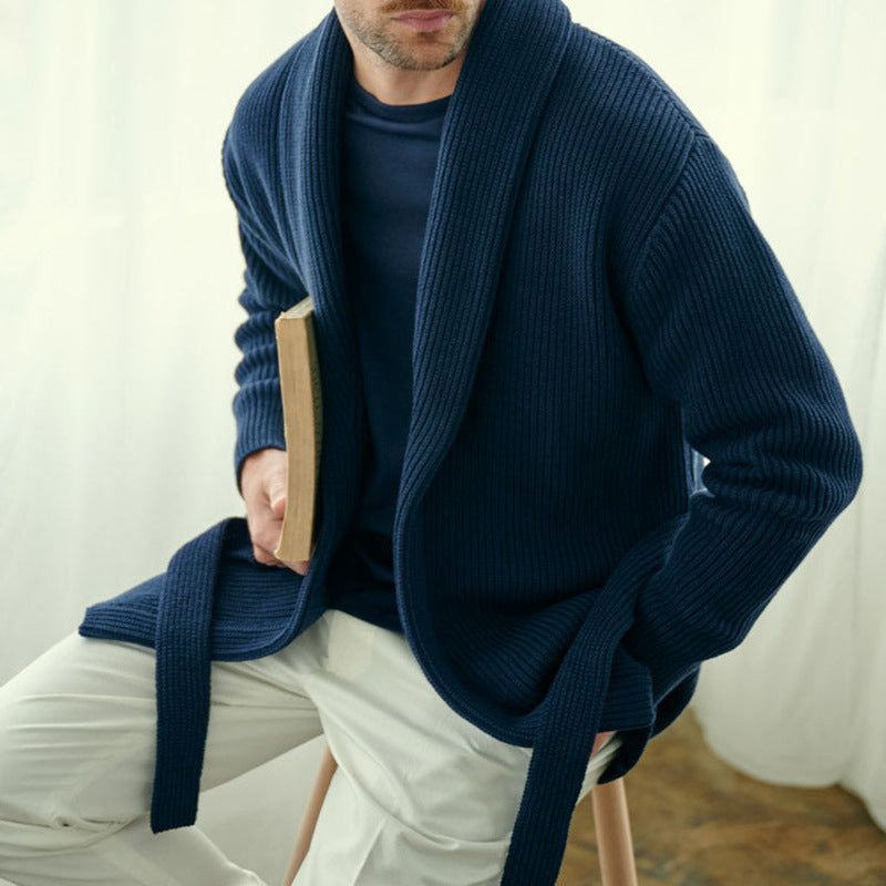 Men's stylish knit cardigan with belt and deep collar Lisslune