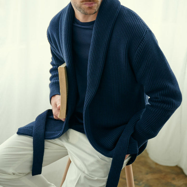 Men's stylish knit cardigan with belt and deep collar Lisslune