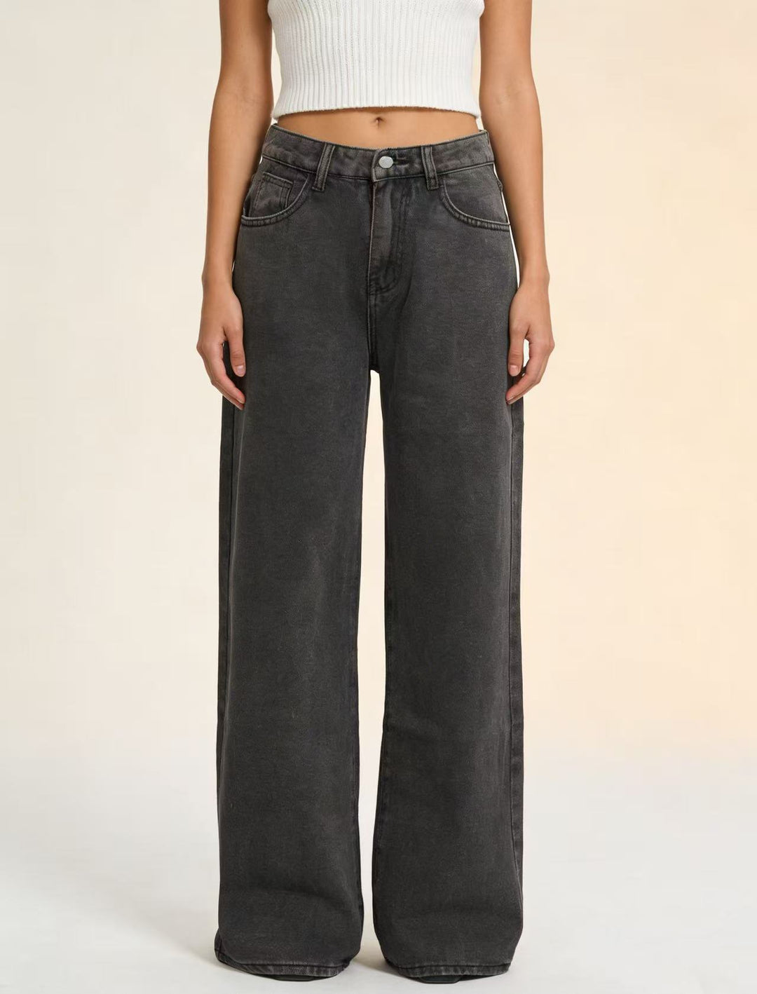 Damen weite Denim-Hose mit Vintage-Waschung und hoch geschnittenem Bund Lisslune