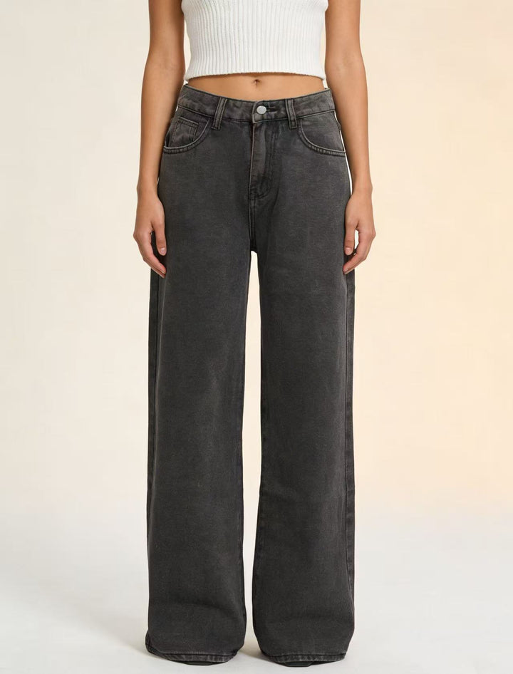 Damen weite Denim-Hose mit Vintage-Waschung und hoch geschnittenem Bund Lisslune