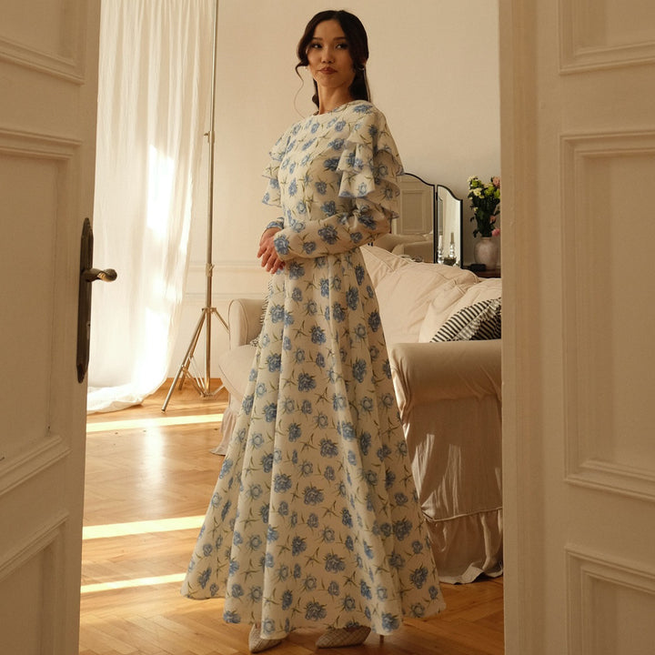 Women’s maxi dress with romantic ruffle design and floral details