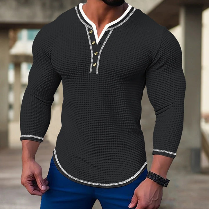 Men's fashionable long sleeve Henley shirt with textured design and button placket Lisslune