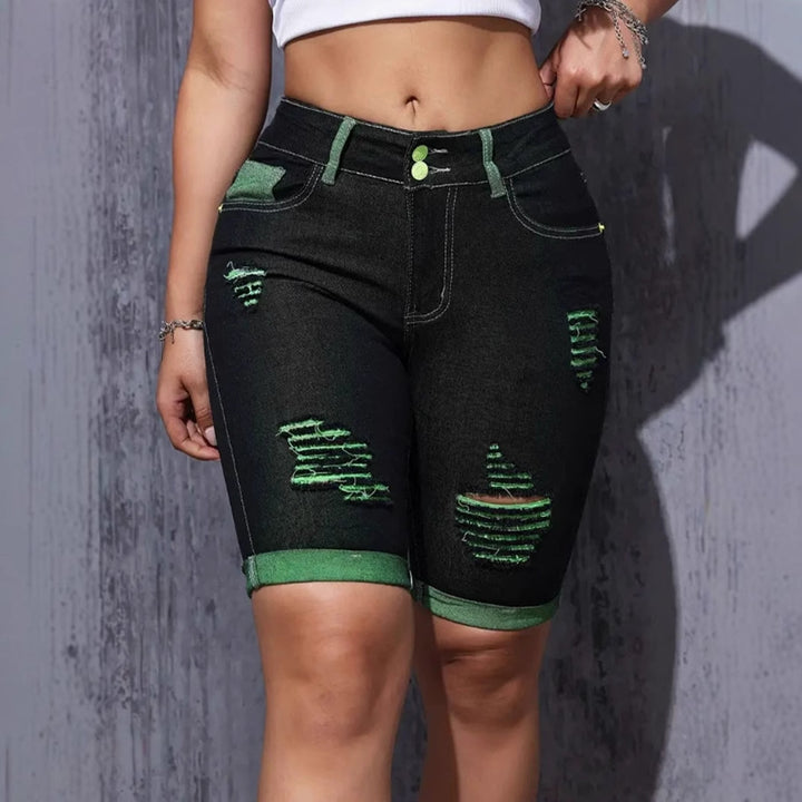 Women's Destroyed Denim Shorts with Eye-catching Accents and High Waist