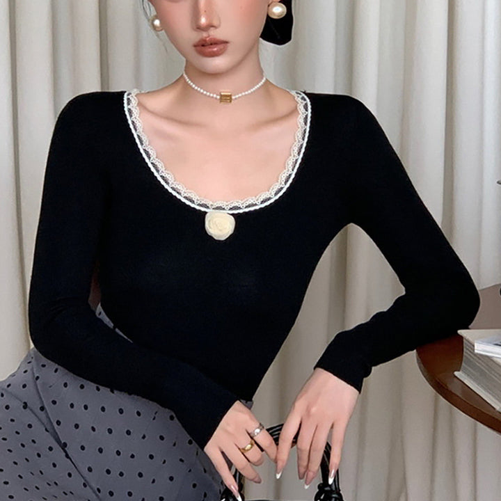 Women's long-sleeve shirt with romantic lace accents and floral details