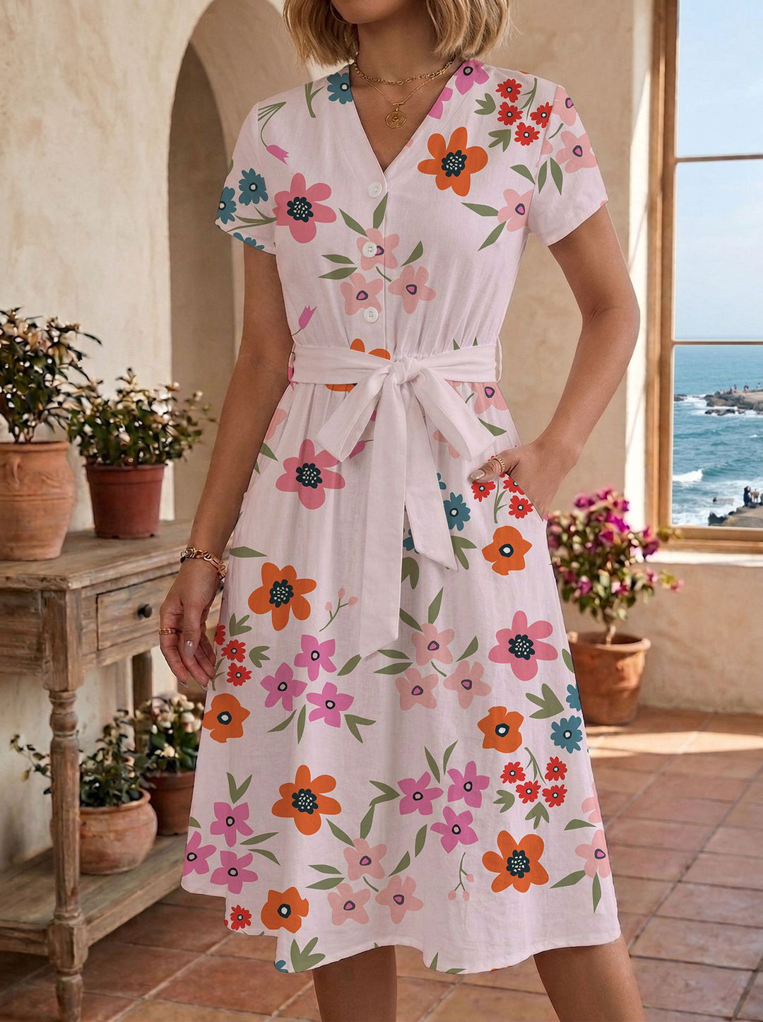 Women's casual maxi dress with adjustable knot and decorative check pattern Lisslune